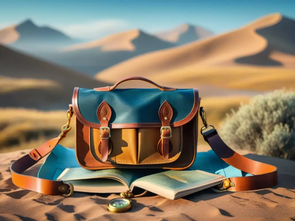 Exploración en la estepa: bolso de cuero tribal y accesorios vintage Un bolso de cuero gastado con patrones tribales, equipado con equipo esencial explorador tribus nómadas en la estepa dorada