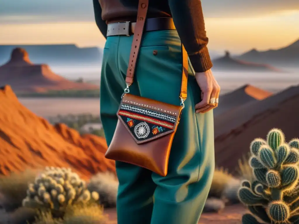 Bolso de cuero nomáda con bordados y paisaje desértico al atardecer