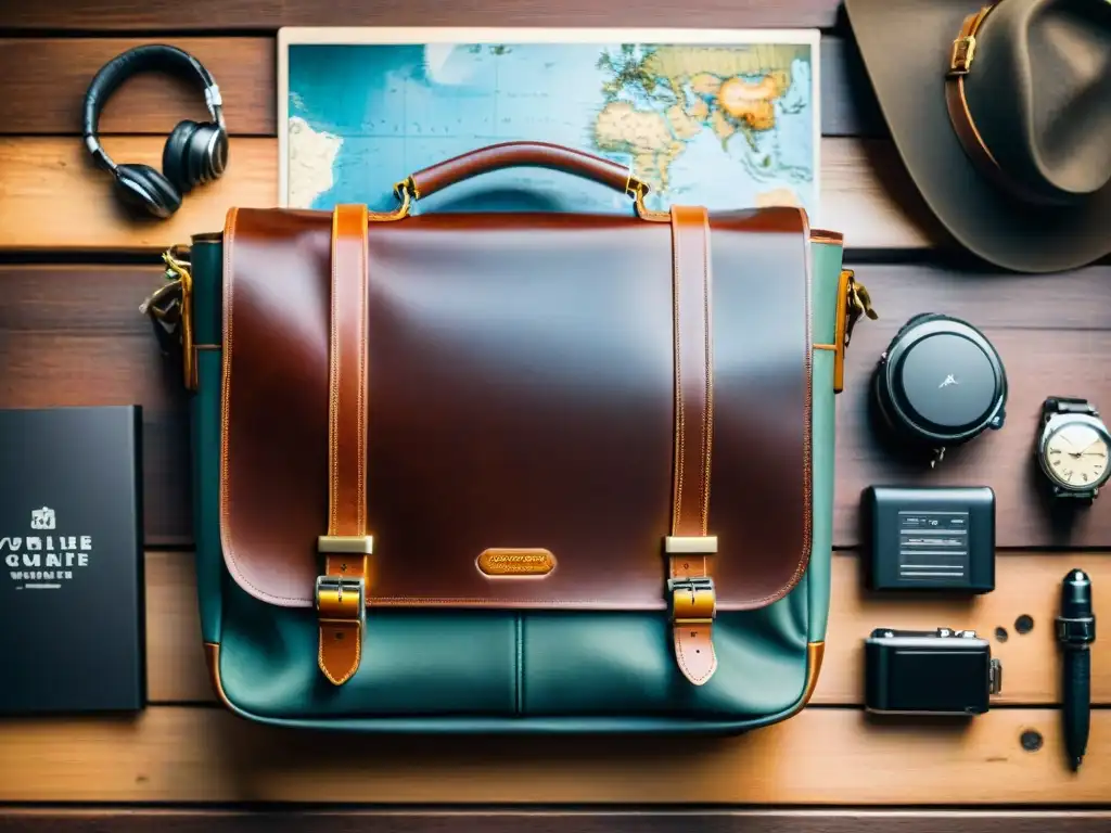 Bolso mensajero de cuero vintage con gadgets de alta tecnología sobre mesa de madera envejecida y mapa antiguo de fondo