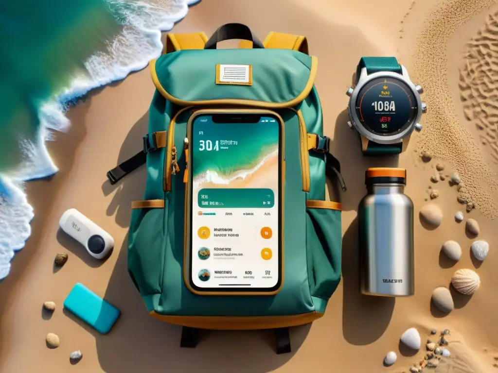 Un bolso de viaje abierto en la playa, mostrando una app fitness y objetos de aventura