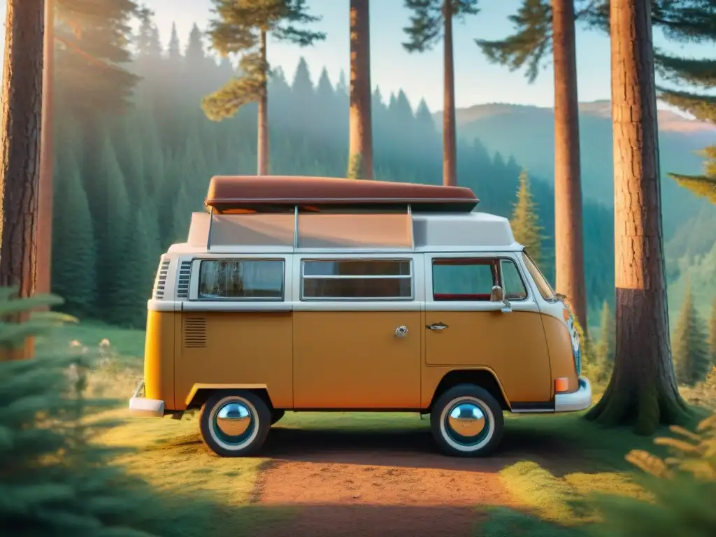 Un Volkswagen camper vintage en un bosque, con sol dorado, tapestries bohemias, y ambiente acogedor