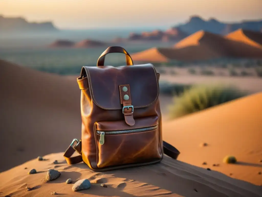 Botella de cuero en mochila en desierto con oasis al atardecer, vital para nómadas