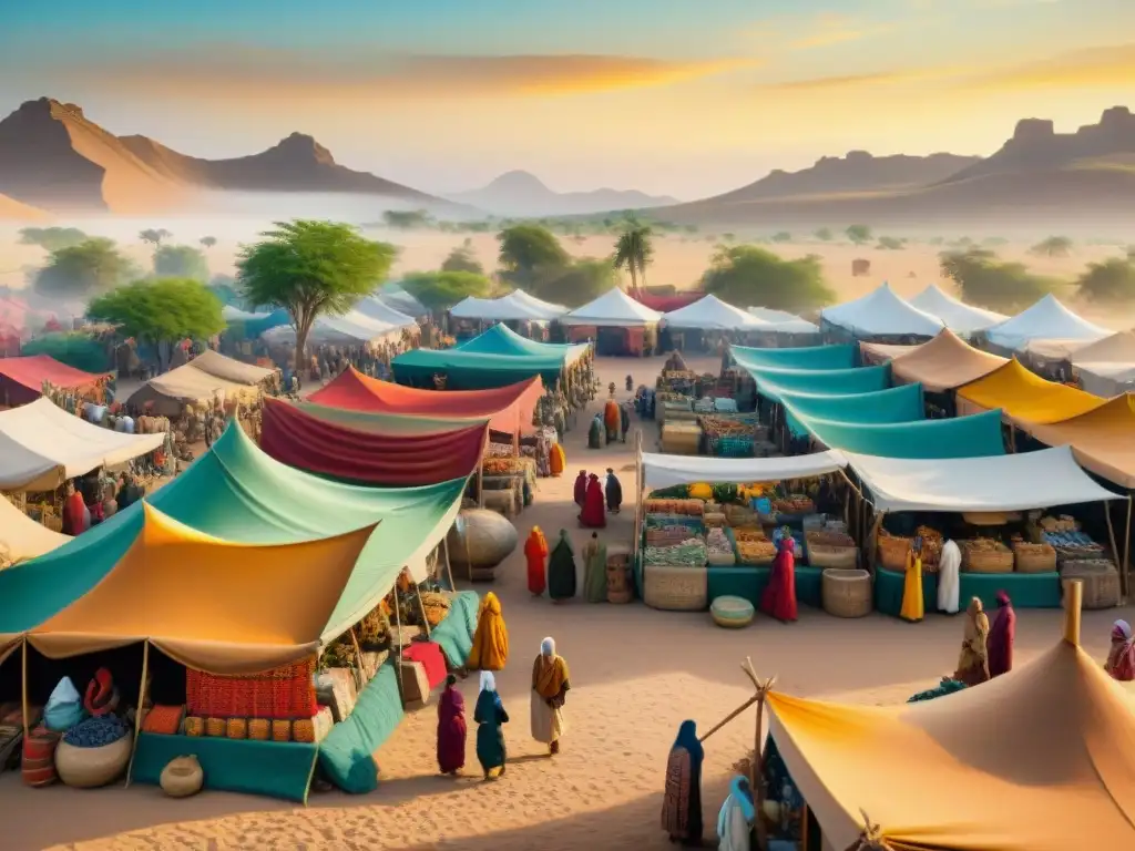 Mercado multicultural: convergencia de culturas nómadas y sedentarias Un bullicioso mercado donde culturas nómadas y sedentarias se encuentran, intercambiando bienes y tradiciones