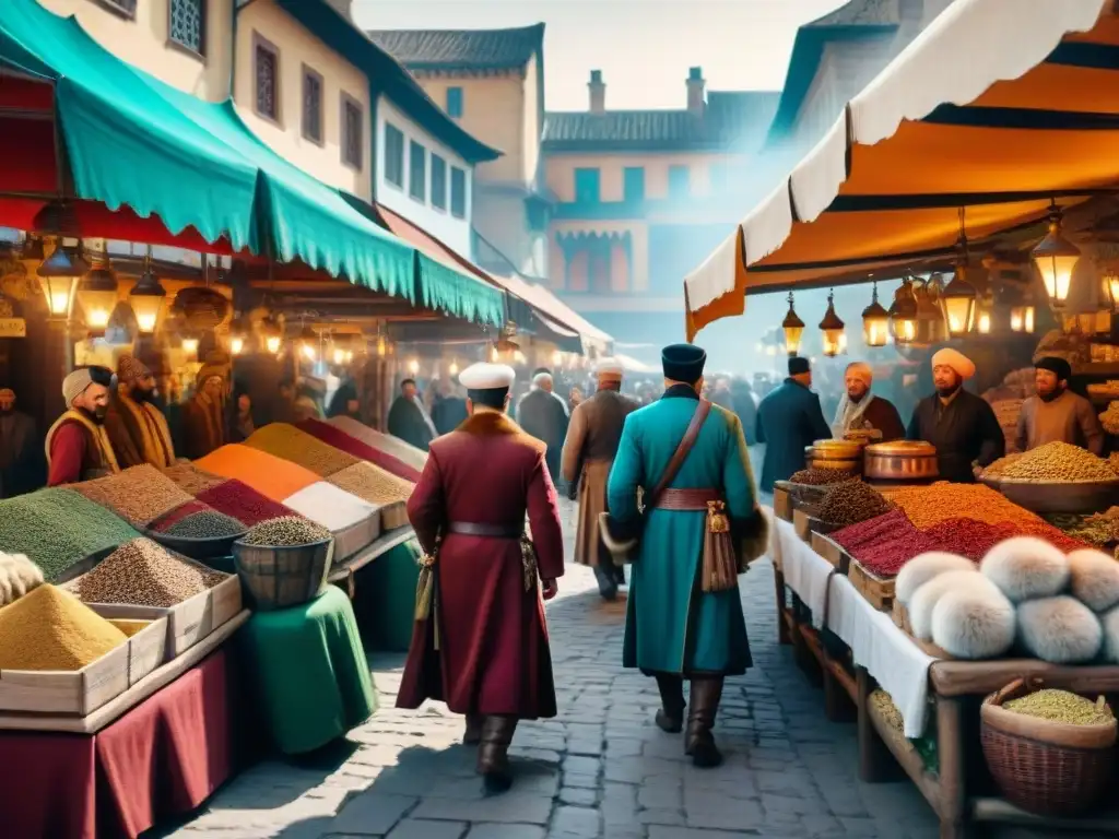 Mercado medieval: comercio exótico y cultural en la era de los tártaros Un bullicioso mercado medieval de los tártaros comerciando especias y pieles exóticas