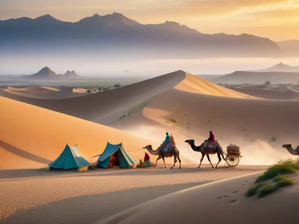 Un bullicioso mercado nómada en un oasis de arena al atardecer