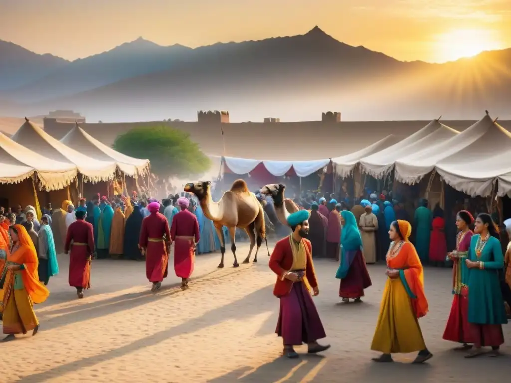 Un bullicioso mercado de la Ruta de la Seda, donde los comerciantes nómadas intercambian tradiciones bajo la cálida luz del atardecer