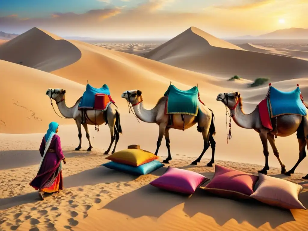 Mercado en la Ruta de la Seda: Traders y camellos en un atardecer dorado Un bullicioso mercado en la Ruta de la Seda con justicia nómada, comerciantes y camellos bajo dunas doradas al atardecer