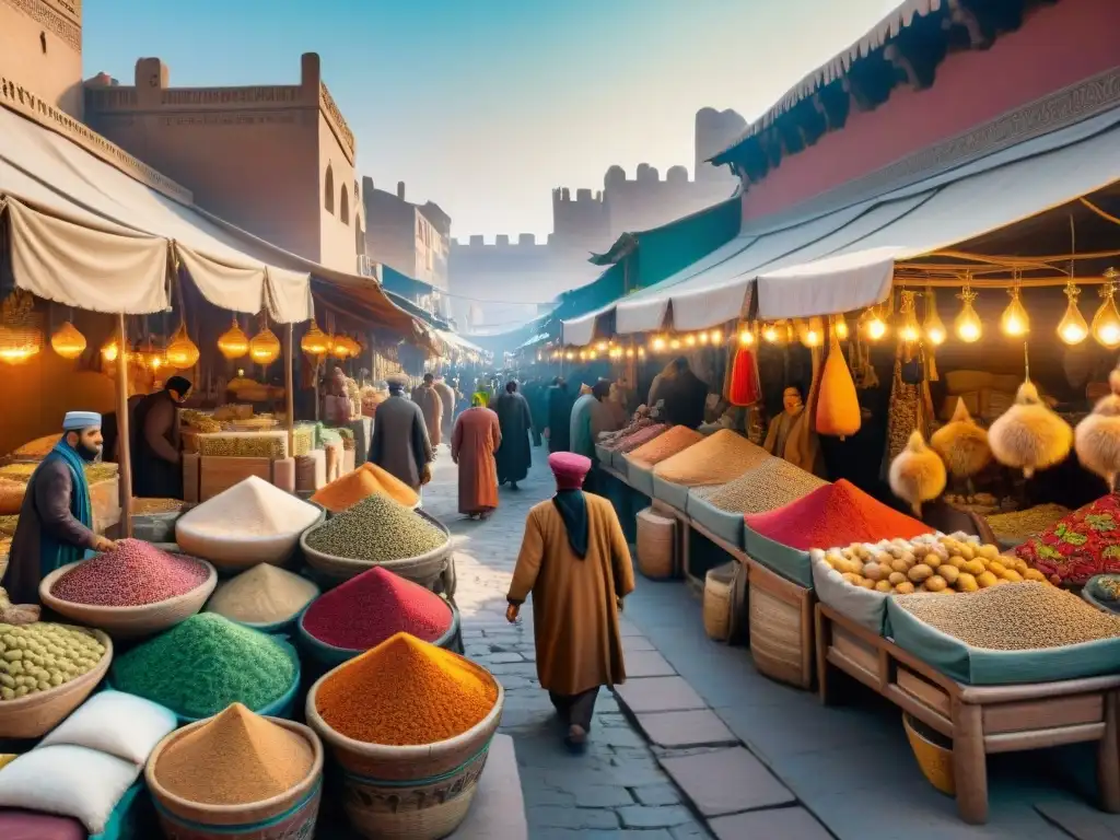 Mercado Tartaro: Comercio y exotismo en una ilustración vibrante Ilustración vintage de un bullicioso mercado tártaro con comerciantes ofreciendo especias y pieles exóticas