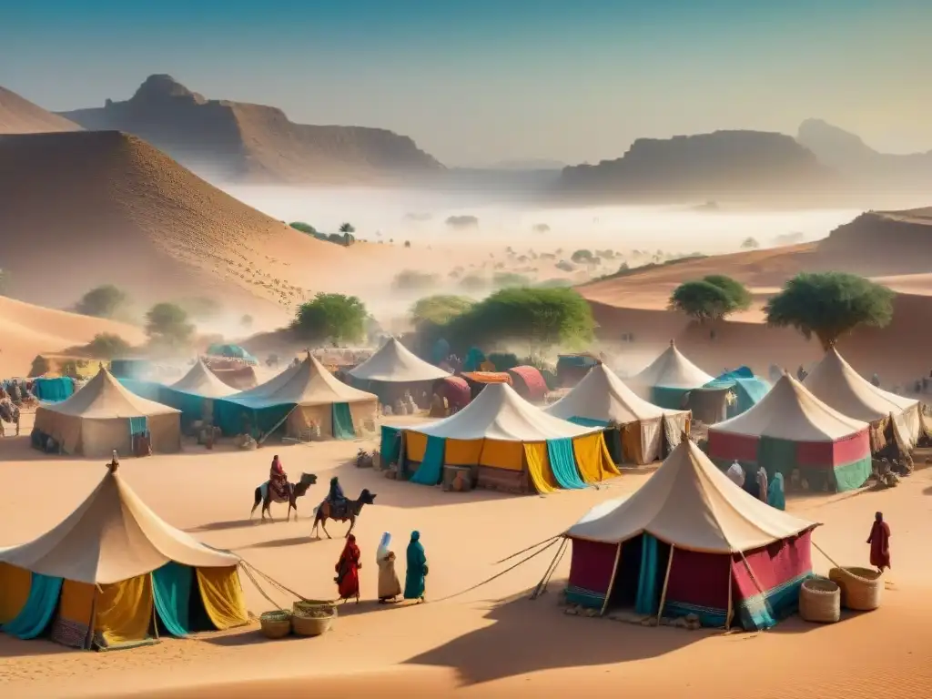 Un bullicioso zoco en un oasis del desierto norteafricano, donde tribus nómadas intercambian bienes y lenguas