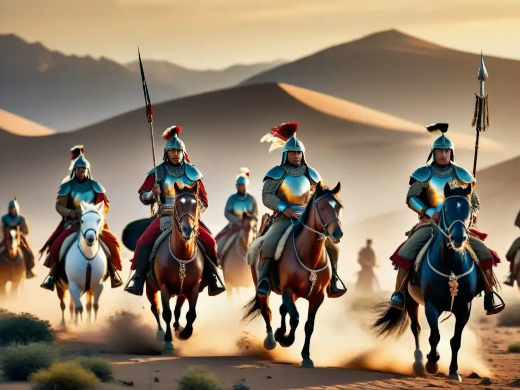 Caballeros nómadas en armadura, montados a caballo con lanzas y escudos en un desierto al atardecer