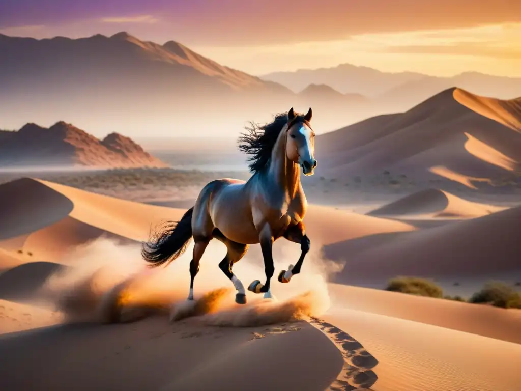 Caballo alado mitos creación nómada: Majestuoso caballo alado surca el desierto dorado al atardecer, dejando boquiabiertos a los nómadas