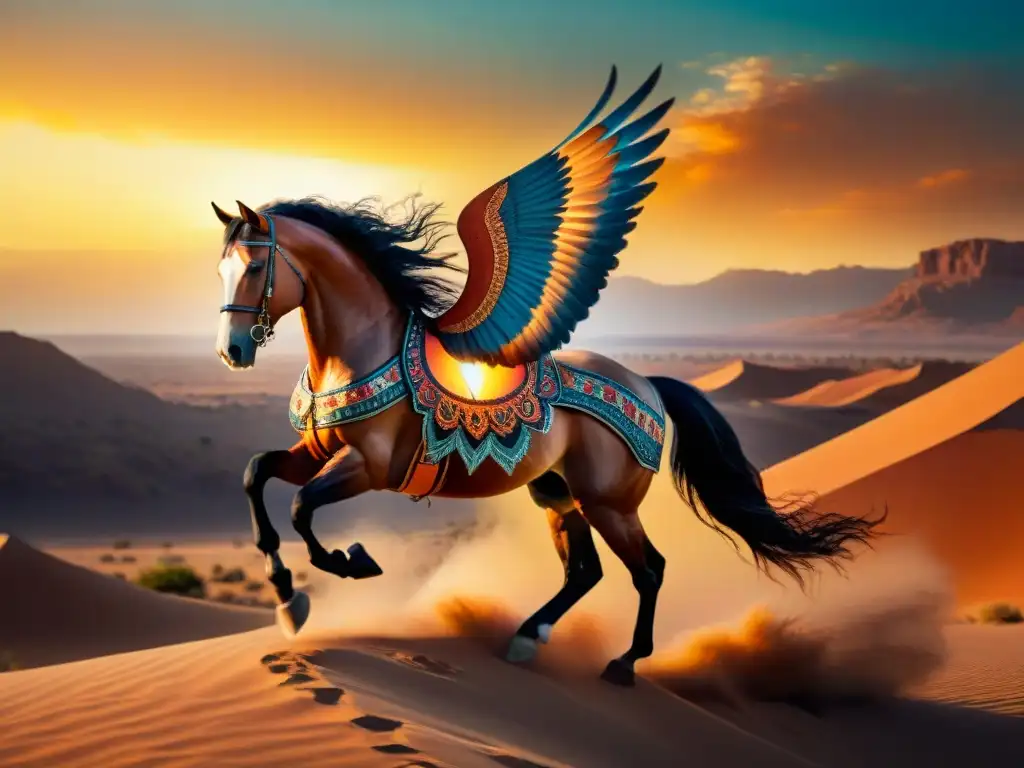 Caballo alado mitos creación nómada: Majestuoso caballo surcando el desierto al atardecer en una ilustración vintage detallada