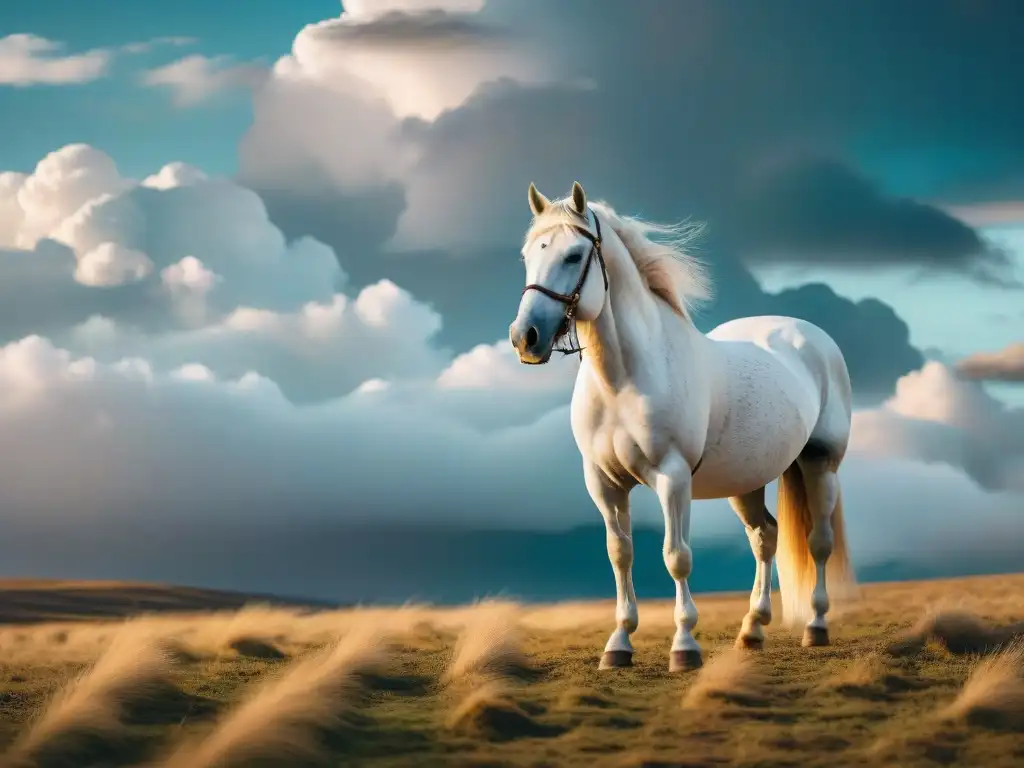 Un caballo blanco majestuoso con decoraciones tribales nómadas, simbolizando la conexión entre estas culturas