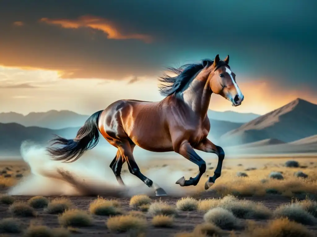 Caballo majestuoso galopando libremente en la estepa bajo un cielo dramático, representando fuerza y libertad