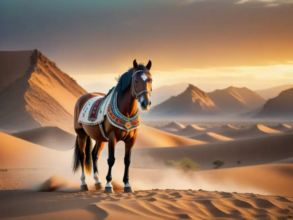 Un caballo nómada majestuoso en el desierto dorado al atardecer, reflejando el significado del caballo en cultura nómada