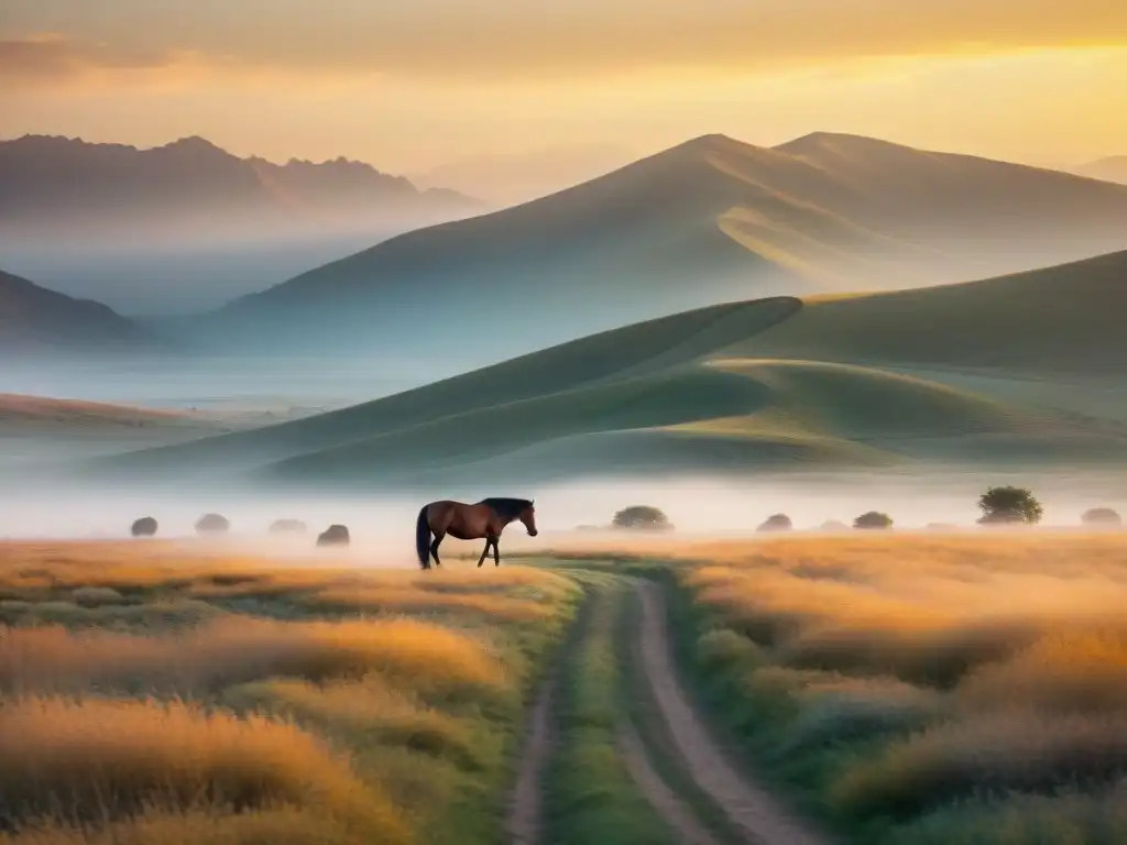 Un caballo solitario pasta en una estepa dorada y extensa, bajo un cielo suave y brumoso, con impacto cambio climático estepas