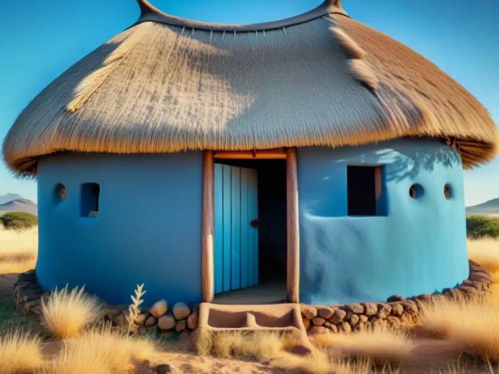 Una cabaña tradicional Khoisan en la sabana africana, destacando patrones de tejido con ramas y pasto