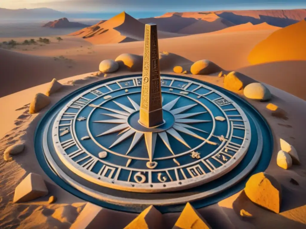 Calendarios en cultura nómada: Sundial y calendarios antiguos en desierto al atardecer