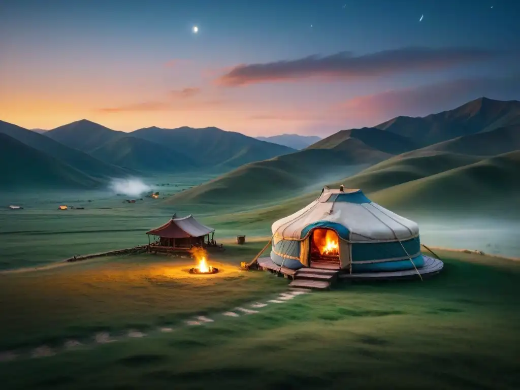 Retiro espiritual en Mongolia: yurta iluminada en paisaje sereno Cálido refugio nómada iluminado en paisaje mongol al atardecer, ideal para retiros espirituales tribus nómadas cambiando