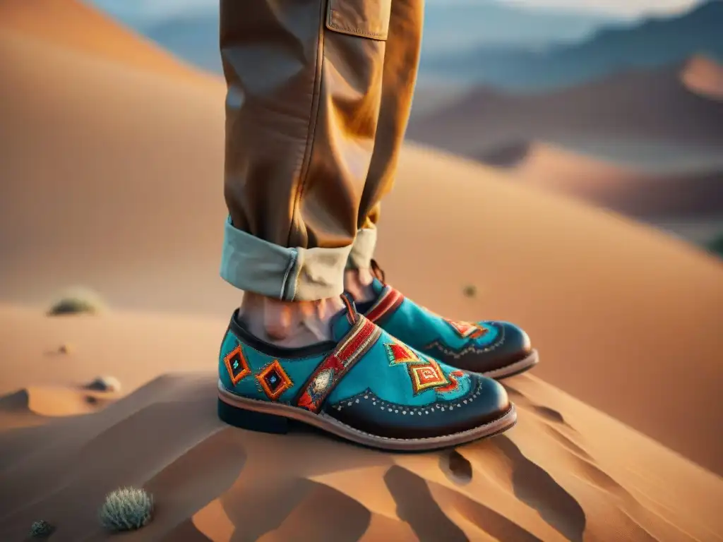 Calzado tradicional de tribus nómadas en un desierto árido, con bordados detallados y colores vibrantes