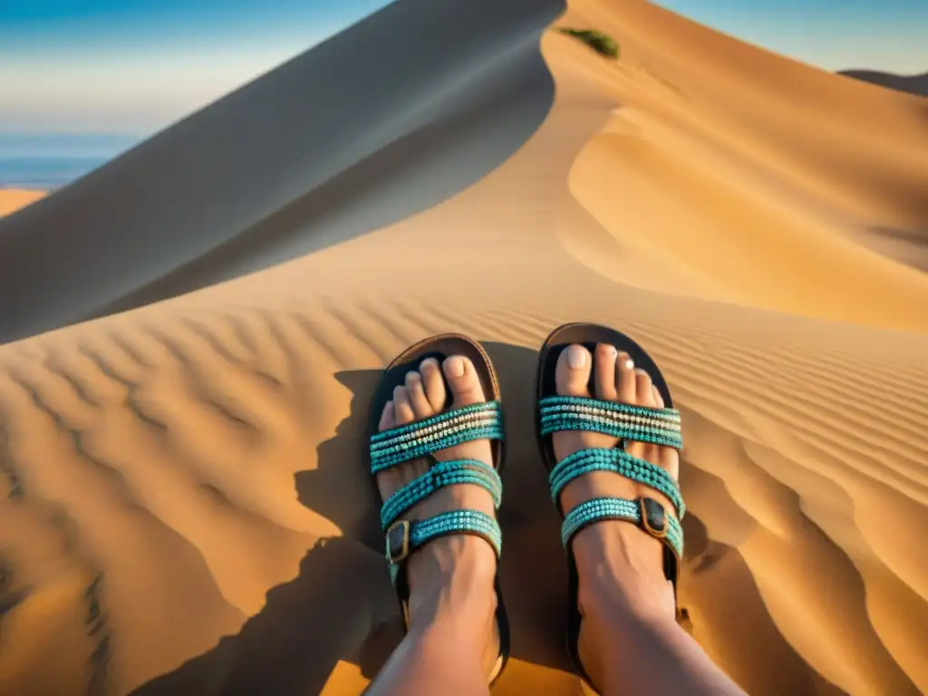 Calzado tradicional de tribus nómadas: sandalias de cuero desgastadas, con detalles tejidos y cuentas, sobre un paisaje desértico