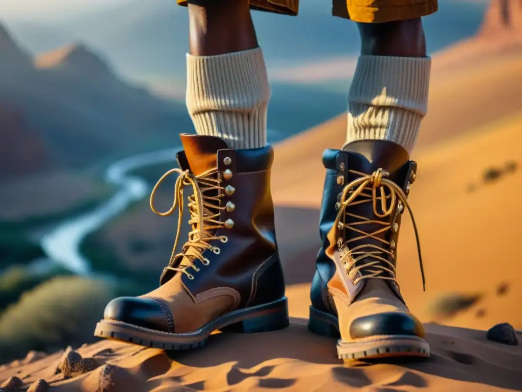 Calzado para explorar tribus nómadas: Botas de cuero desgastadas con patrones tribales, en un paisaje árido al atardecer dorado