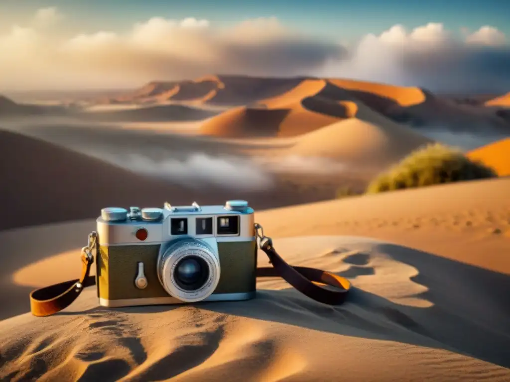 Una cámara vintage cubierta de polvo en un desierto árido