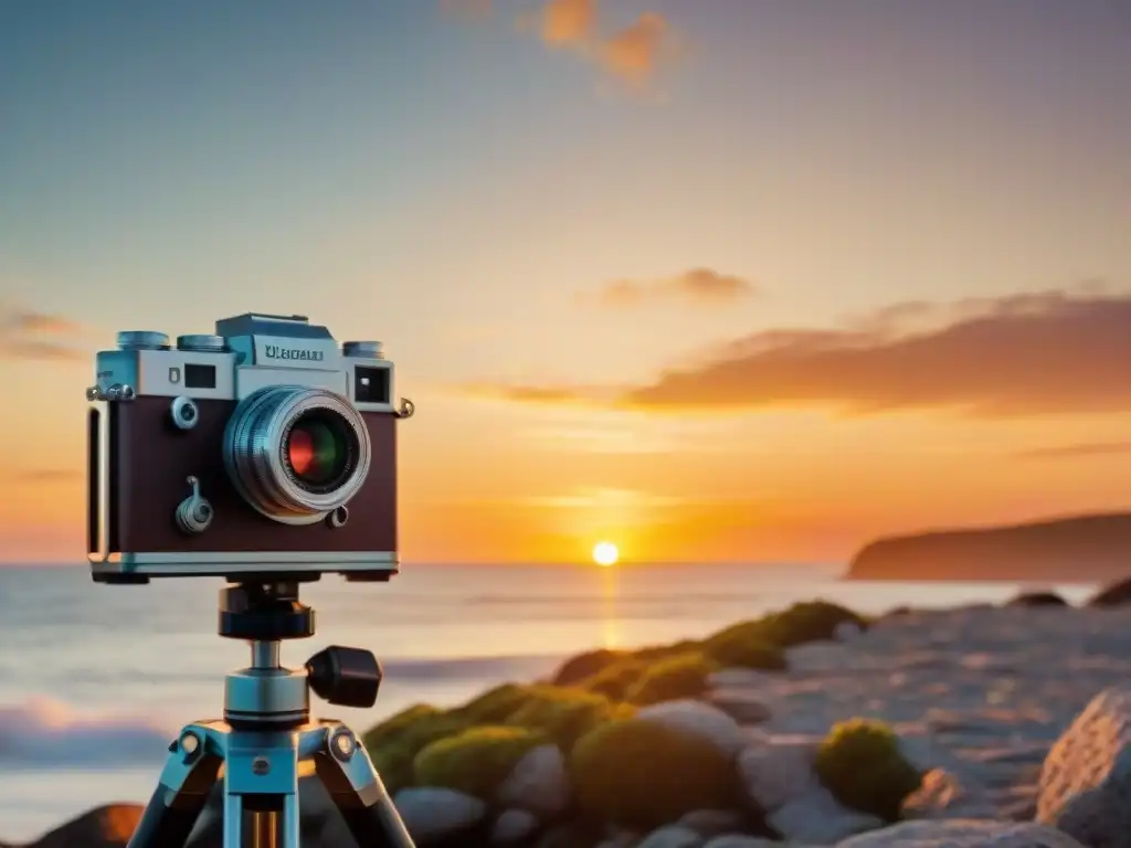 Una cámara vintage capturando la belleza de un atardecer, reflejando la magia del curso fotografía atardeceres amaneceres