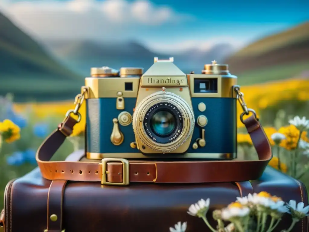 Una cámara vintage descansa sobre un bolso de cuero en las estepas doradas, bajo un cielo azul vasto