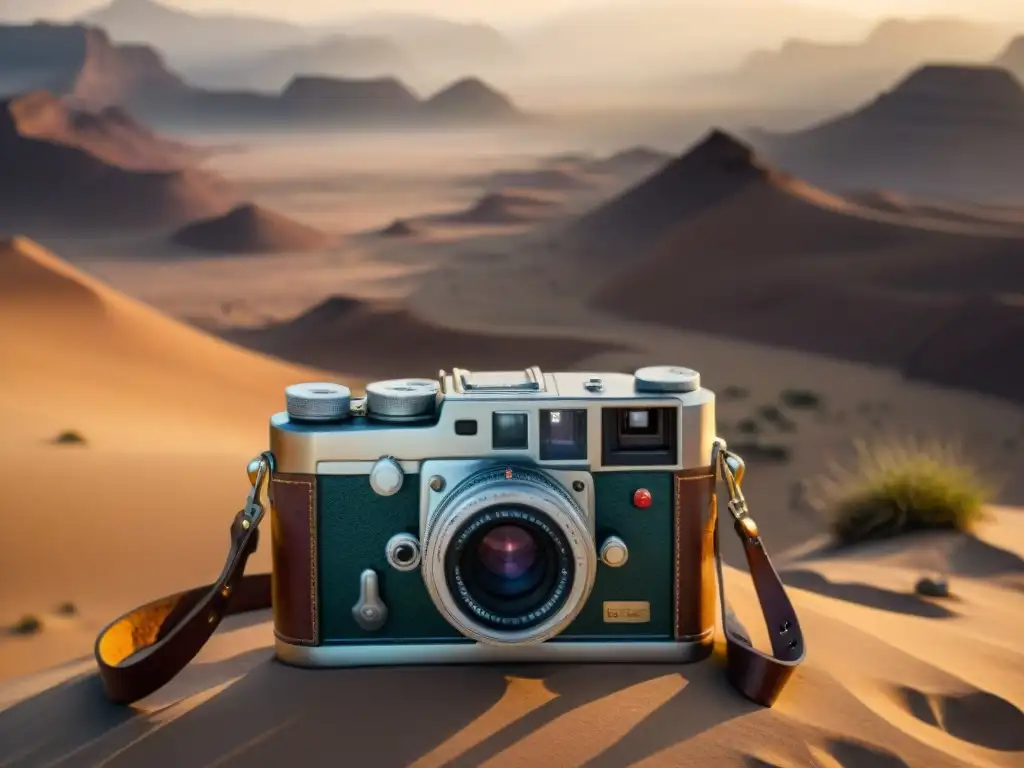 Una cámara vintage en un desierto con tribus nómadas al atardecer