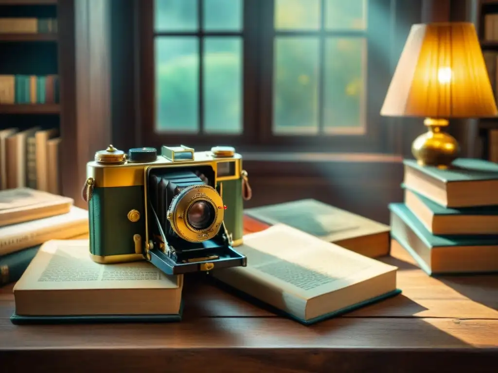 Una cámara vintage en una mesa de madera rodeada de libros de fotografía, bañada por la luz del sol, evocando historia y creatividad