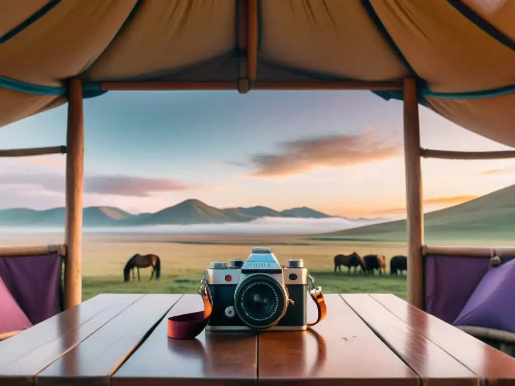 Una cámara vintage descansando en una mesa de madera rodeada de yurtas mongolas en la estepa, ideal para capturar tribus nómadas