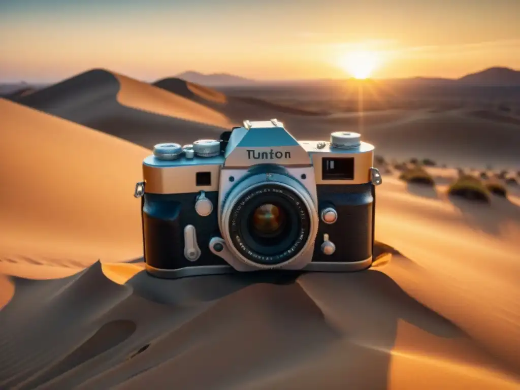 Una cámara vintage semi-enterrada en dunas desérticas al atardecer, simbolizando la perseverancia en condiciones adversas