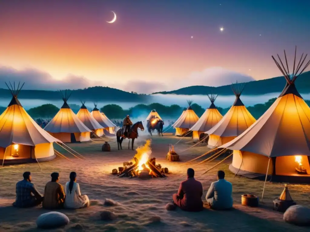 Campamento de guerra nómada bajo las estrellas Campamento de guerra nómada bajo un cielo estrellado, con tiendas intrincadas y jinetes en silueta