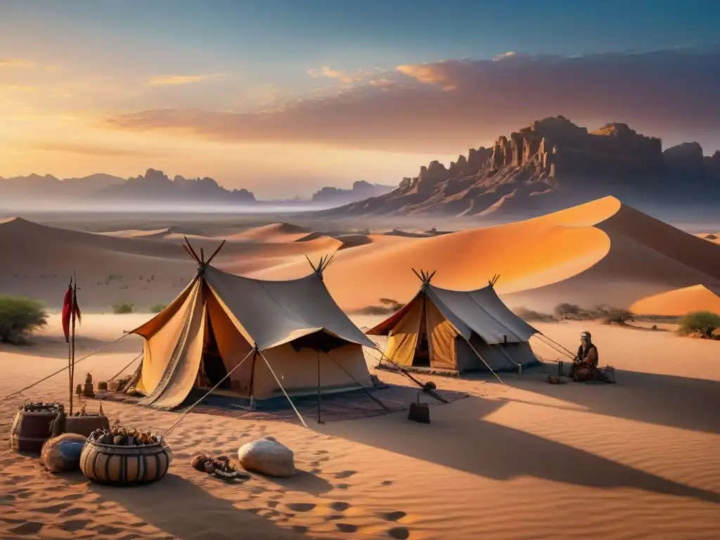 Campamento nómada con armaduras de cuero y armas tradicionales en el desierto al atardecer