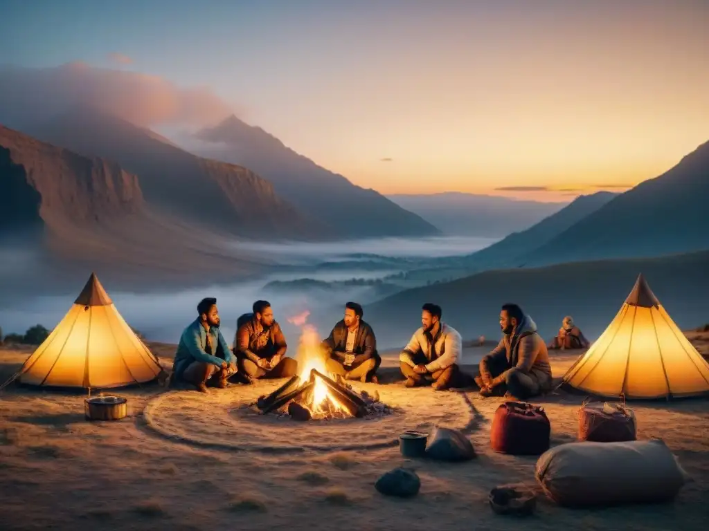 Campamento nómada al atardecer, comunidad reunida alrededor de fogata