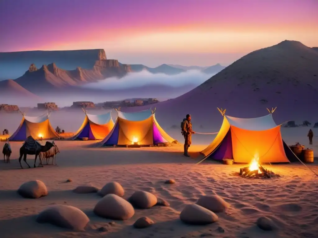 Campamento nómada al atardecer, estrategias de defensa en la frontera