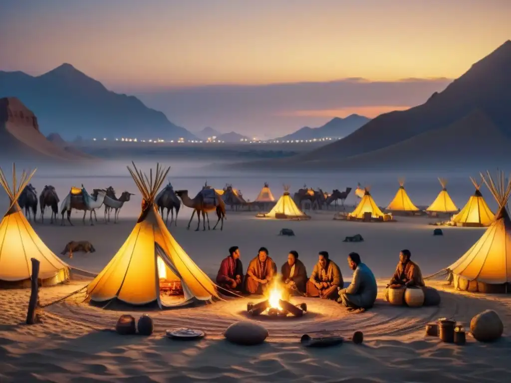 Campamento nómada al atardecer con tiendas de piel, fogata y camello en silueta bajo un cielo estrellado