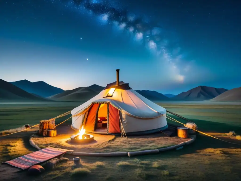 Campamento nómada en la estepa mongola bajo un cielo estrellado, con yurta decorada y equipo esencial acampar estilo nómada