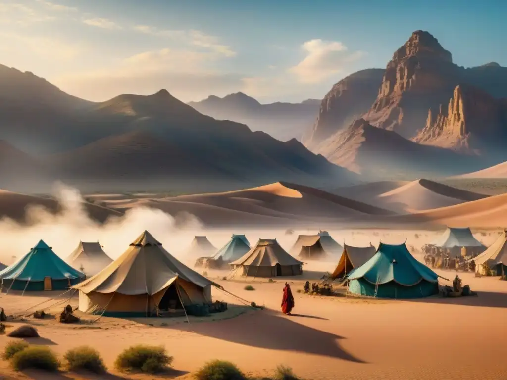 Campamento nómada en desierto con arquitectura efímera y vibrantes textiles al viento