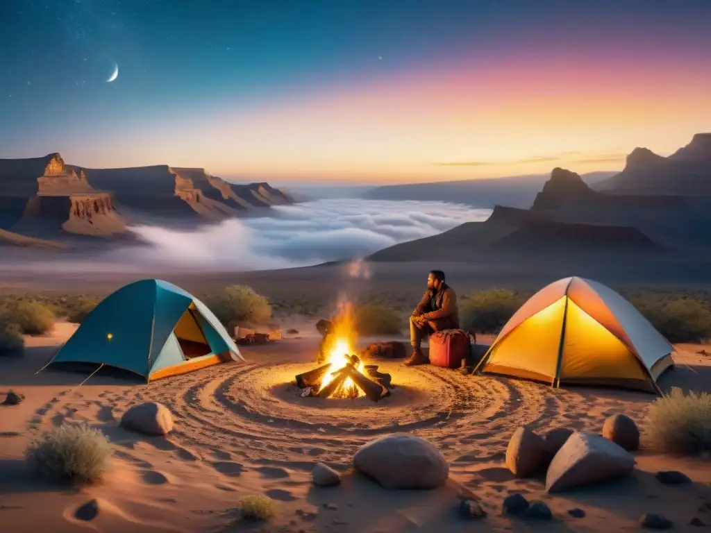 Campamento nómada en el desierto al atardecer con tiendas de colores, fogata y sensación de seguridad bajo las estrellas