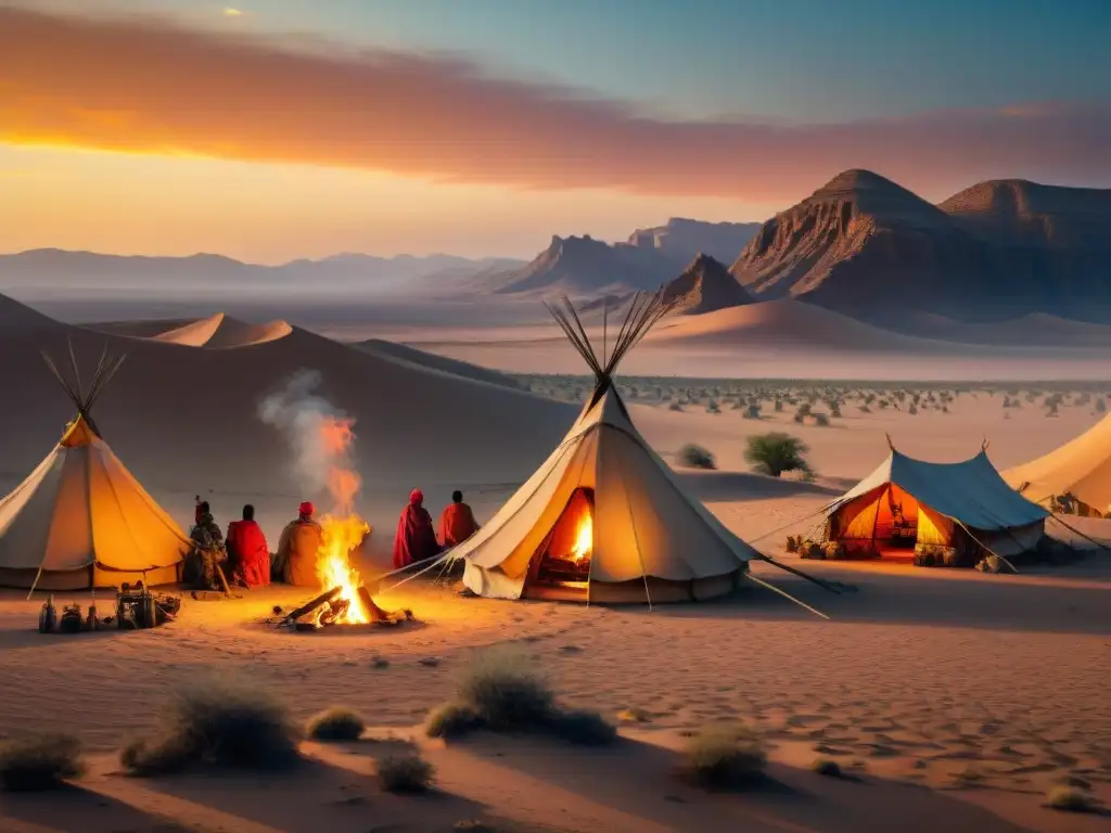 Campamento nómada en desierto al atardecer, reflejando consecuencias de sedentarización tribus nómadas