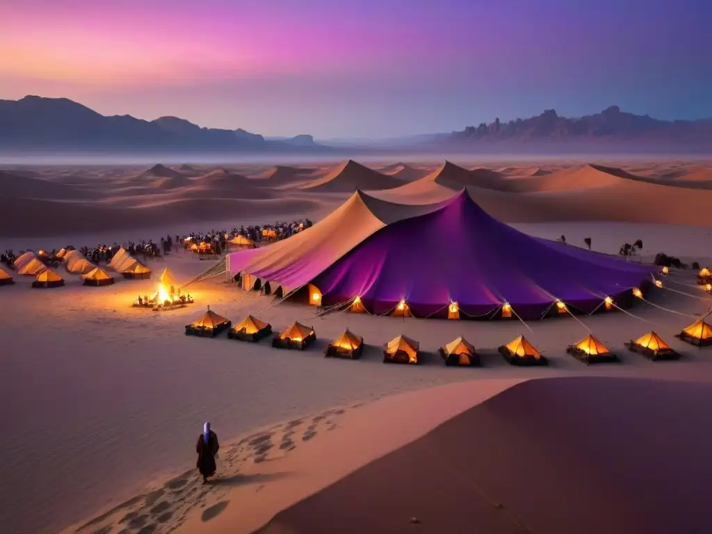 Campamento nómada en desierto al atardecer con tonos cálidos y siluetas de camellos