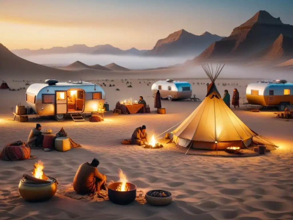 Campamento nómada en un desierto dorado al atardecer