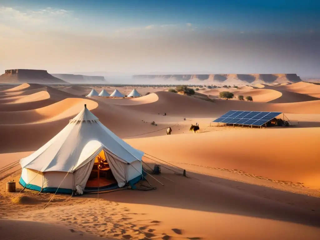 Campamento nómada en desierto con energías renovables, vida tradicional y prácticas sostenibles