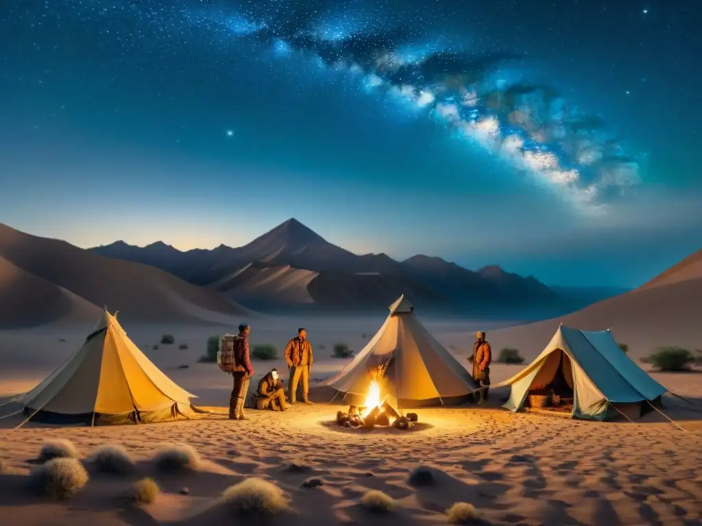 Campamento nómada en desierto estrellado, reflejando paz, comunidad y conexión con la naturaleza