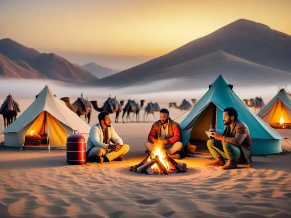 Campamento nómada en el desierto con medidas de seguridad y tecnología