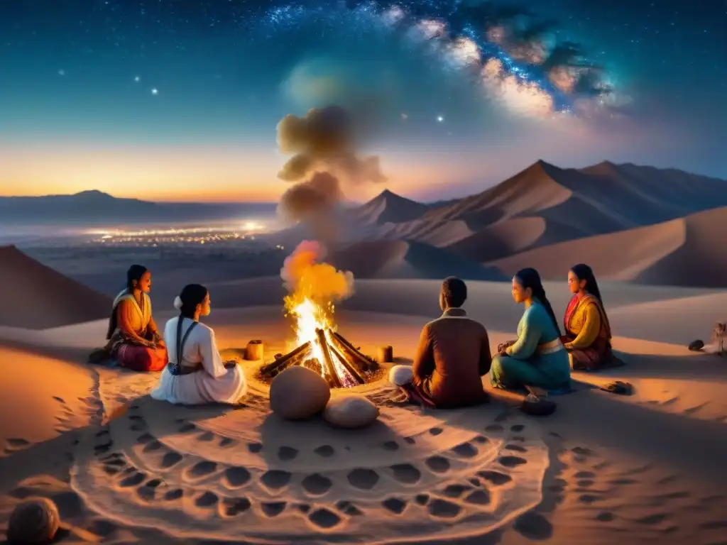 Tradiciones nómadas: tribu alrededor de fogata bajo la noche estrellada Un campamento nómada alrededor de una fogata bajo un cielo estrellado en un paisaje desértico, capturando la poesía en culturas nómadas espiritual