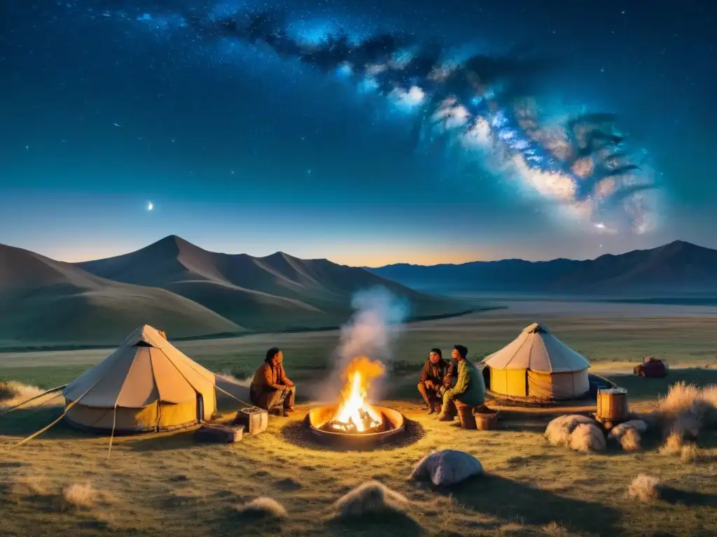 Campamento nómada con yurta y fogata bajo el cielo estrellado