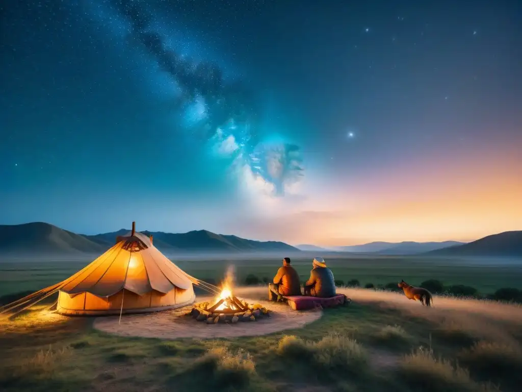 Un campamento nómada en la estepa, con una yurta iluminada y un grupo compartiendo historias alrededor del fuego